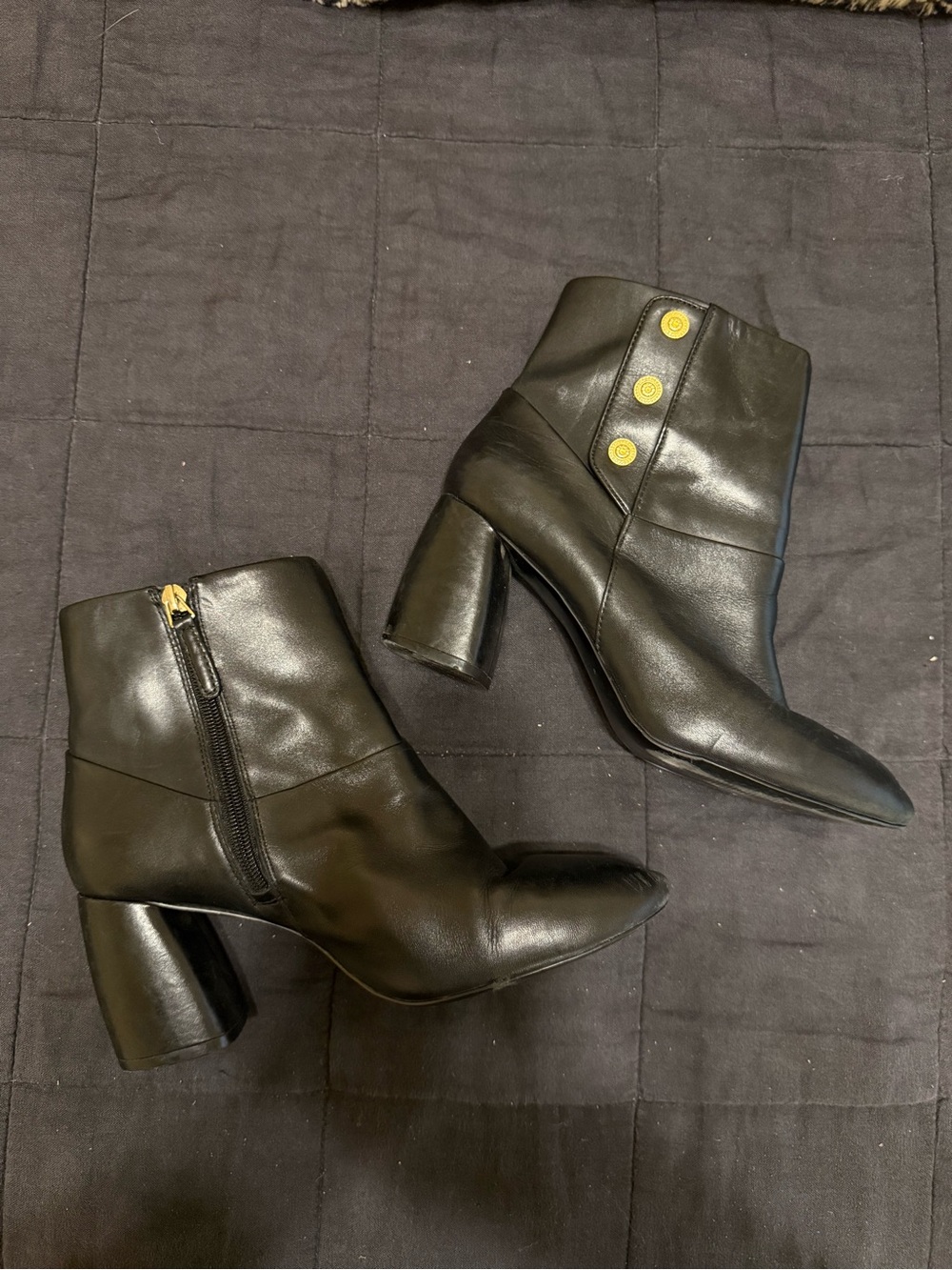 Nine West Black Leather Ankle Boots with Gold Button Detail